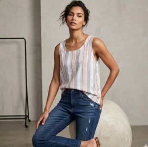 Liverpool LA Linen Blend Striped Sleeveless Top Side Buttons M Blue Pink & White